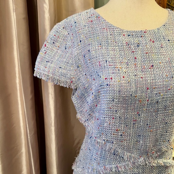 NWOT Eliza J Light Blue Tweed Sheath Dress Eyelash Fringe Trim Size 12 - Picture 9 of 11
